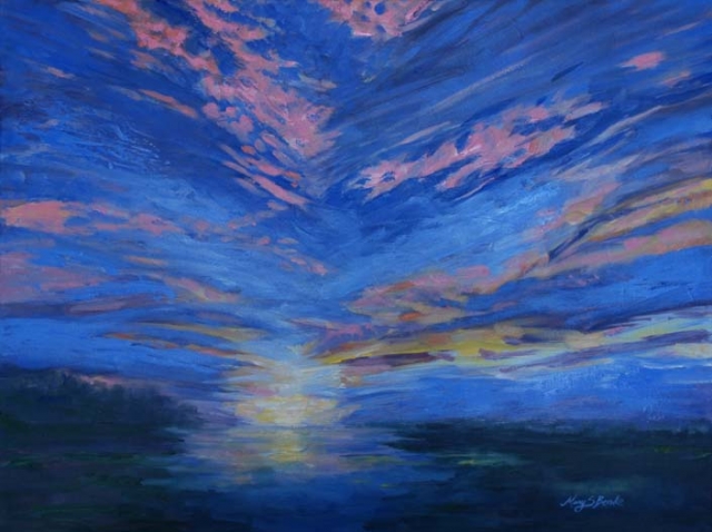 Oil sunset painting of a spectacular sky in blues, oranges, pinks, and yellows by Mary Benke