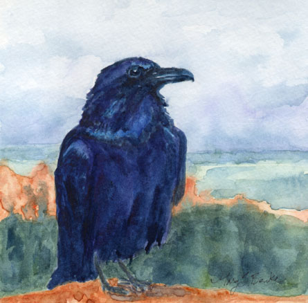 Overlooking a scenic watercolor vista in the West, this majestic raven is depicted in brilliant dark blues and violets by Mary Benke
