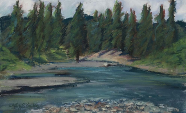 Pastel landscape painting of Rio Blanco River near Pagosa Springs, Colorado, done in blues and greens by Mary Benke