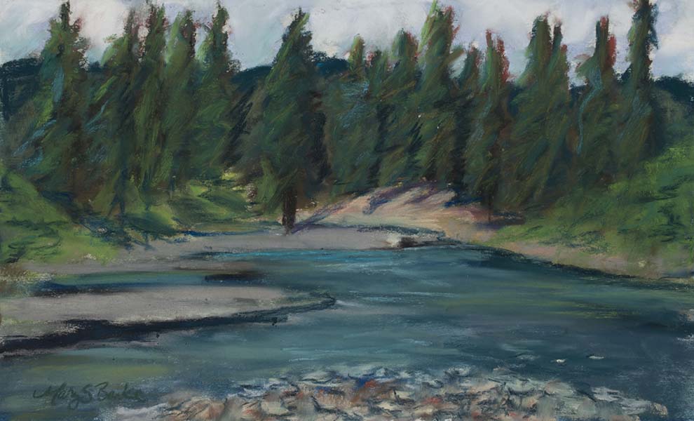 Pastel landscape painting of Rio Blanco River near Pagosa Springs, Colorado, done in blues and greens by Mary Benke