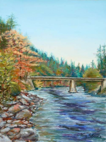 Landscape pastel painting of the Klickitat River in Washington in autumn colors and a rushing river by Mary Benke