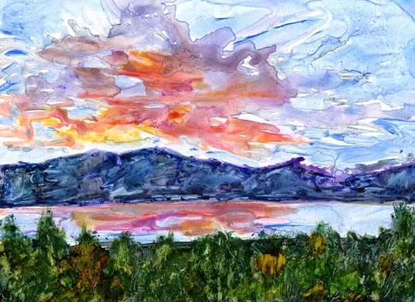 Abstract watercolor on Yupo sunset landscape painting of colorful cloud reflected in a lake by Mary Benke
