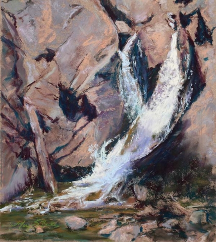 Pastel landscape painting of a dramatic waterfall against lavender and pink rocks falling into a brilliant green pool in Rocky Mountain National Park by Mary Benke