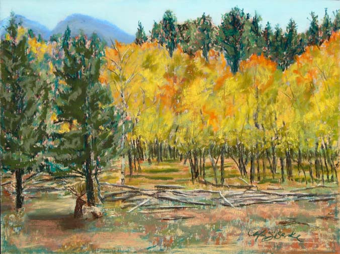 Pastel landscape painting of yellow aspens and pines in the Rocky Mountains in the fall with an elk resting beneath by Mary Benke