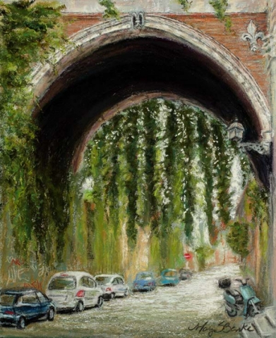Contrasts between the ancient stonework and the modern European cars as well as the nature (vines) in the city complete with Italian graffiti on the left side of a dark arch by Mary Benke