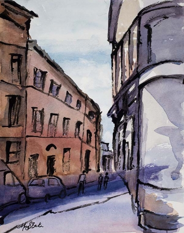 A loose watercolor and ink painting depicts a typical Italian scene with weathered brick buildings, an outdoor cafe, and cars by Mary Benke