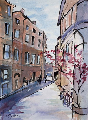 A loose watercolor and ink painting depicts a typical Italian scene with weathered brick buildings, an outdoor cafe, bikes, and cars by Mary Benke