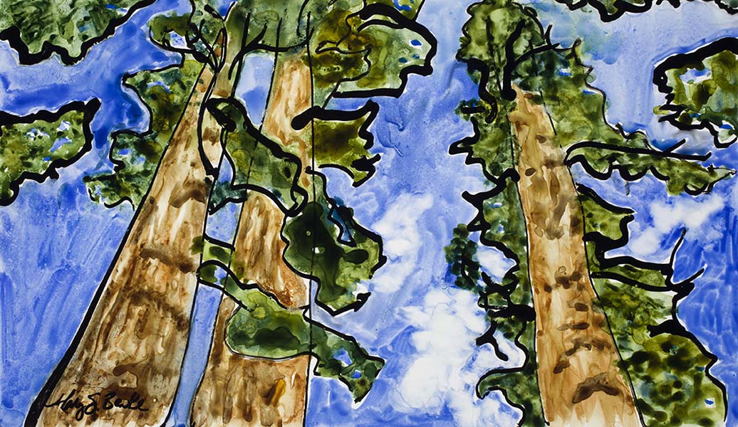 Bright, fluid watercolor strokes combined with varied ink lines on a slick Yupo surface make this an abstract representation of one of America's treasures, sequoia trees, by Mary Benke