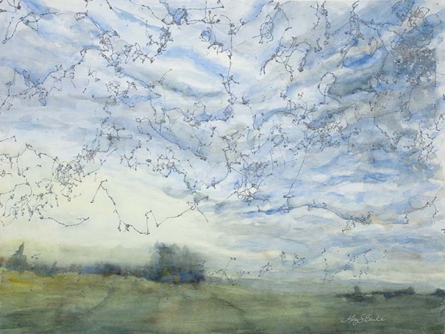 Abstract landscape painting of a field with a dramatic sky with silver touches by Mary Benke