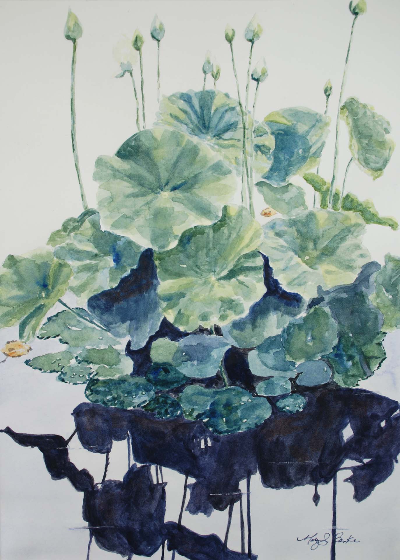 A watercolor painting of water lilies and their blooms reflected in still water with dark shadows by Mary Benke