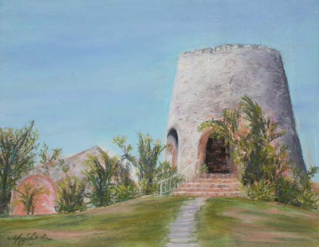 A pastel painting of a unique Caribbean structure, a sugar mill, in St. Croix in the U.S. Virgin Islands by Mary Benke