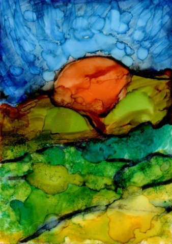 A brilliant orange sun sinks behind bright green and yellow hills in this abstract alcohol ink sunset landscape painting by Mary Benke