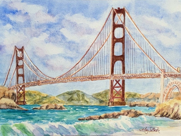 Delicate watercolor painting of San Francisco's famed Golden Gate Bridge by Mary Benke.