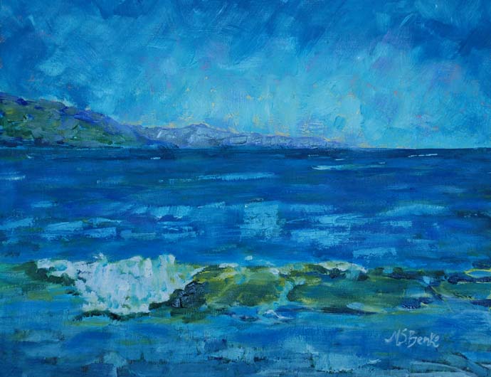 Oil seascape painting of a green and blue waves in the Irish Sea with a rocky Scottish coast in the distance by Mary Benke