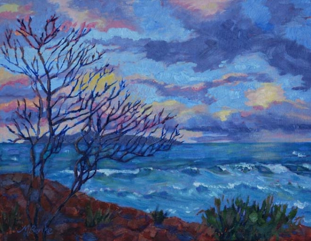 Sunset landscape oil painting of a silhouetted tree in front of a turquoise ocean lit by beautiful sunset by Mary Benke