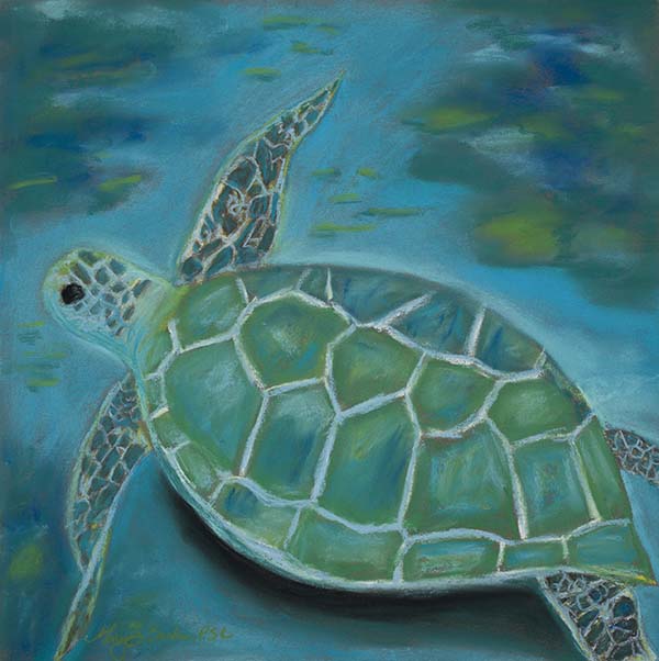 This underwater pastel painting of a sea turtle features beautiful blues, aquas and greens by Mary Benke