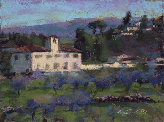 An iconic sunlit scene of an Italian villa in Tuscany near Florence is portrayed in soft pastels by Mary Benke