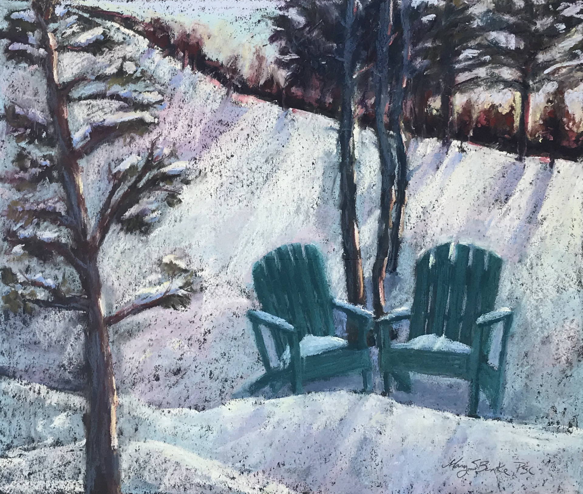 Spring pastel landscape painting with adirondack chairs waiting in the snow by Mary Benke