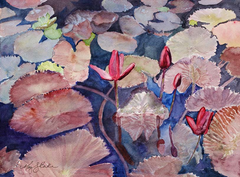 A tranquil landscape painting in watercolor featuring water lilies, their leaves, and reflections by Mary Benke