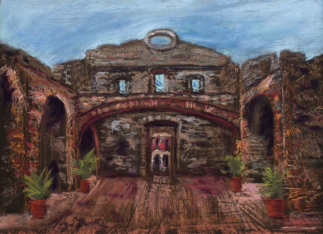 A colorful pastel depicting the Flat Arch in Panama originally constructed in the 17th century by Mary Benke