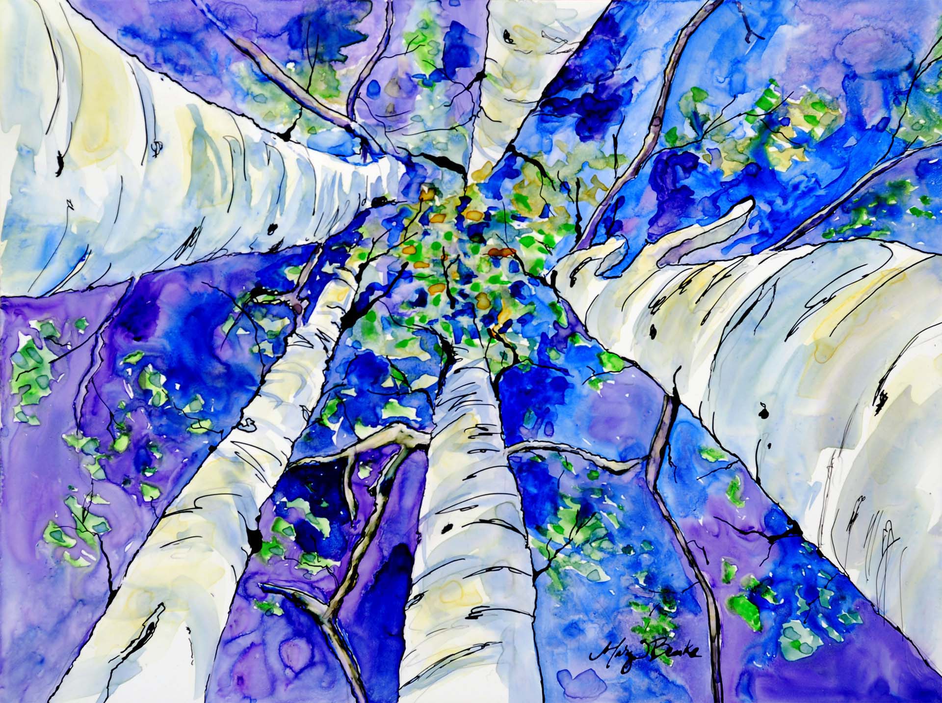 A "skyward" view looking up through aspen trees to a blue/violet sky painted in watercolor and ink on Yupo paper by Mary Benke
