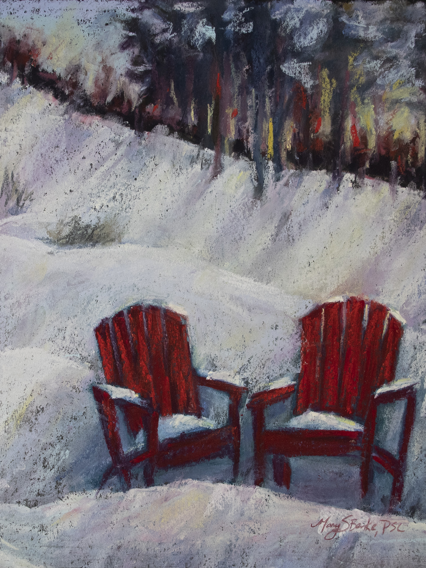 Spring pastel landscape painting with adirondack chairs waiting in the snow by Mary Benke