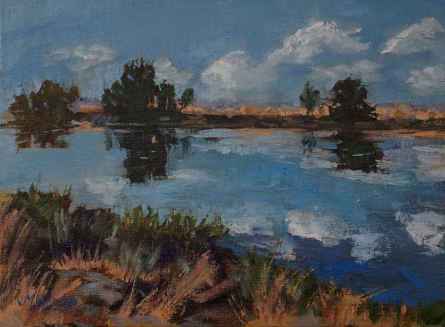 Oil painting of a slow moving river with cloud reflections by Mary Benke