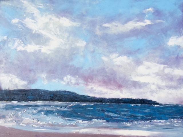 Waves crash on a wind-blown beach against dark blue hills and violet clouds in this moody seascape. Oil painting by Mary Benke