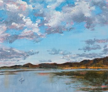 This glorious sunrise over Carter Lake in the summer is painted in oil. Dramatic clouds hover over a calm lake where a lone sailboat is moored. Painting by Mary Benke