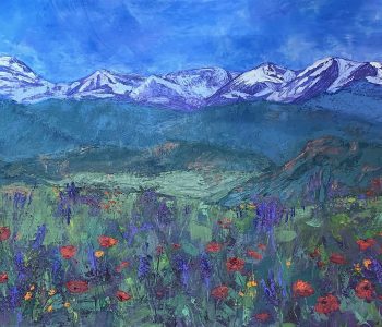 A vast panorama of Colorado's dramatic Front Range mountains forms the backdrop for peaceful foothills and poppies and lupine blooming in a meadow. Oil painting by Mary Benke