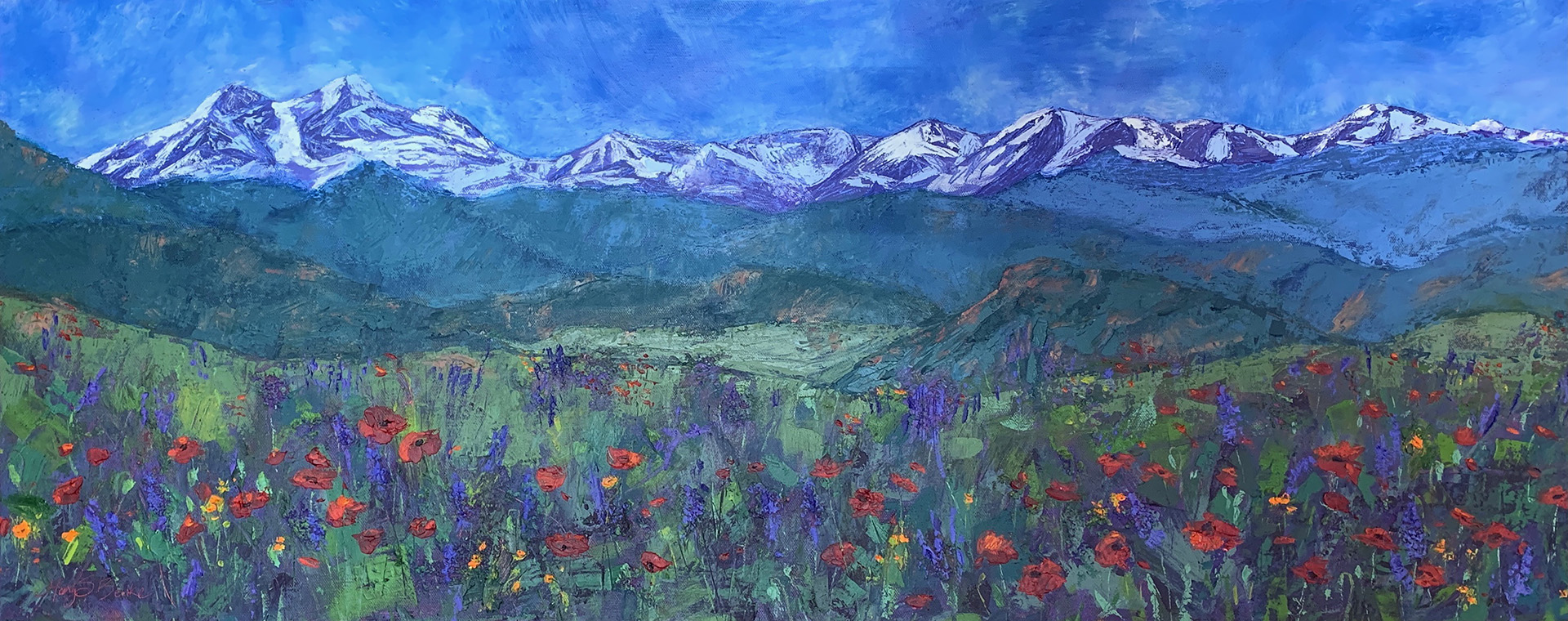 A vast panorama of Colorado's dramatic Front Range mountains forms the backdrop for peaceful foothills and poppies and lupine blooming in a meadow. Oil painting by Mary Benke