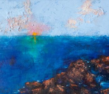 The setting sun makes a brilliant blue ocean glow in teals and greens in this colorful tropical oil painting by Mary Benke