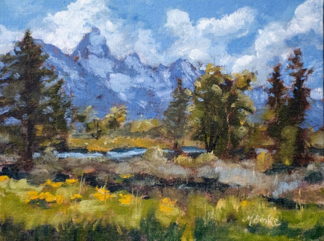 This stunning view captured in impressionistic oils greeted us every morning on a recent trip to Grand Teton National Park by Mary Benke