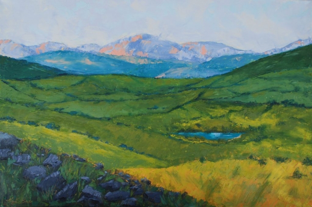 This lush oil "imagined landscape" painting was inspired by visits to Ireland, Northern Ireland, and Scotland. I love the patchwork of greens seen in those areas' fields, and the soft lavender and teal hills and mountains that rise in the background by Mary Benke