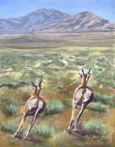 Two antelopes are depicted racing in a grassy field with a mountain range in the background. The pastel marks are loose and expressive, suggesting movement and a serene outdoor setting by Mary Benke