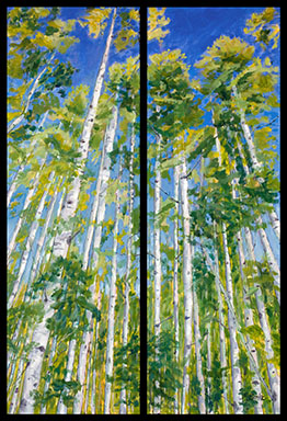 Oil landscape diptych of towering gold and green aspens against a brilliant Colorado blue sky by Mary Benke