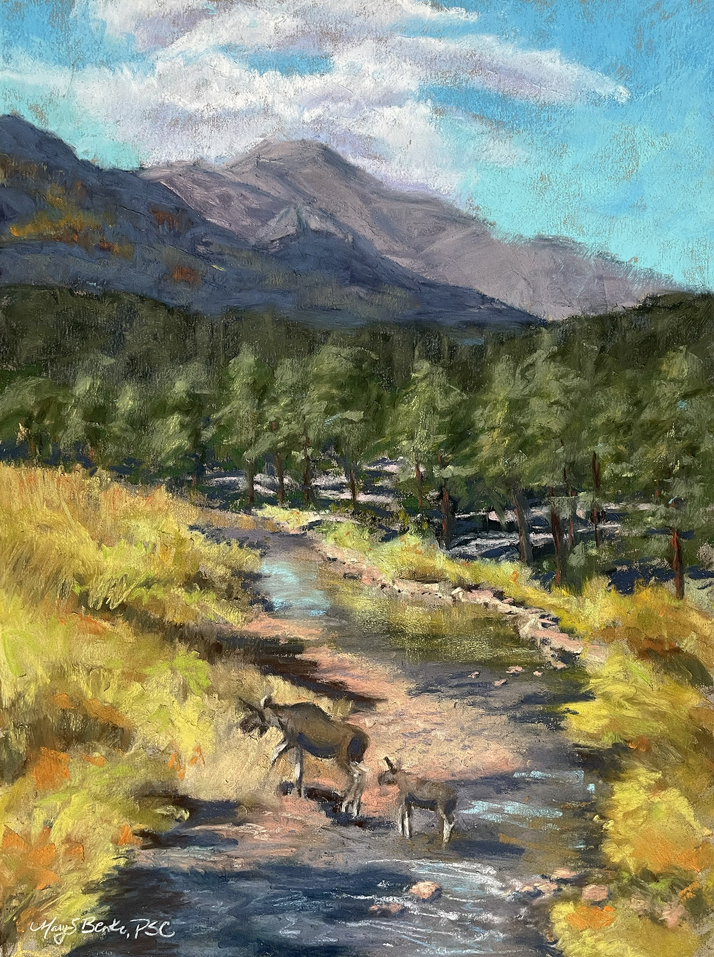 A mama moose escorts her calf across the river in this magical pastel painting featuring changing autumn colors and distant orange and yellow aspen groves in the mountains by Mary Benke