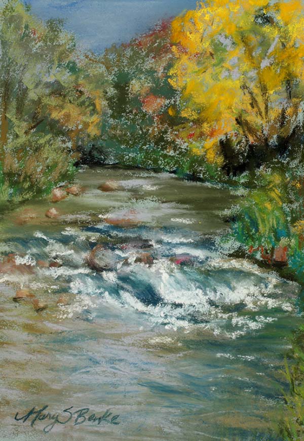 Pastel landscape painting done en plein air of fall trees along the Big Thompson River near Loveland, Colorado by Mary Benke