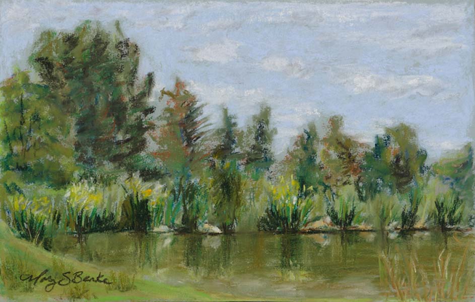 Landscape pastel painting of the lake at Loveland's Benson Sculpture Park with trees and flowers reflected in the water by Mary Benke