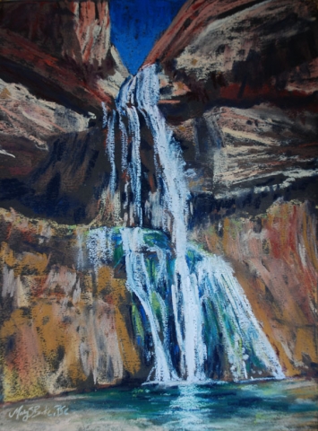 landscape pastel painting of the waterfall at Calf Creek Falls in Escalante Utah by Mary Benke