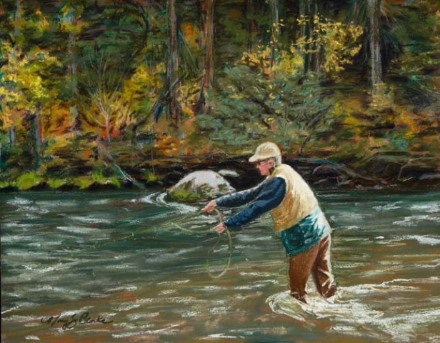Pastel painting of a  fly fisherman casting in a river with autumn trees in the background by Mary Benke