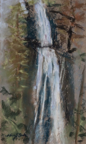 Abstract pastel landscape of a waterfall near Pagosa Springs Colorado done in geometric style by Mary Benke