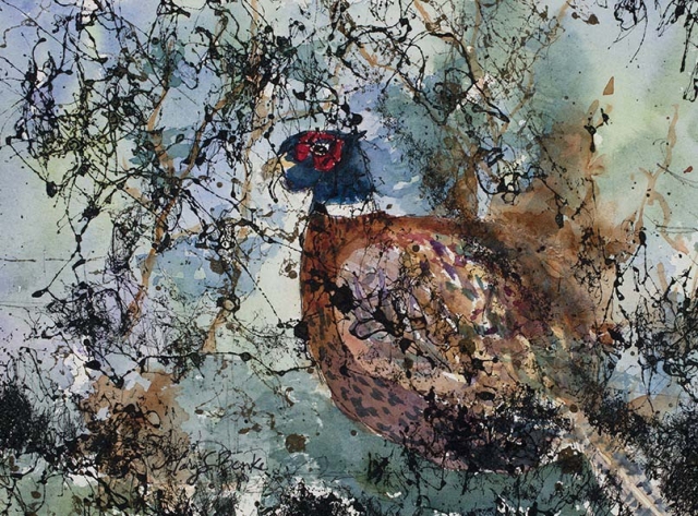 Black webbing and colorful teal and copper colored brush conceals a pheasant in this somewhat abstract mixed media painting by Mary Benke