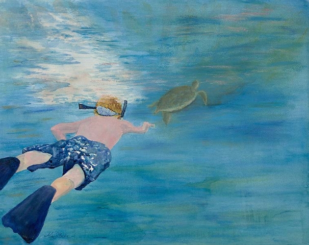 A young boy swims after a sea turtle in a magical watercolor seascape painting in teals, greens, and blues that would be perfect for a child's room or bathroom by Mary Benke