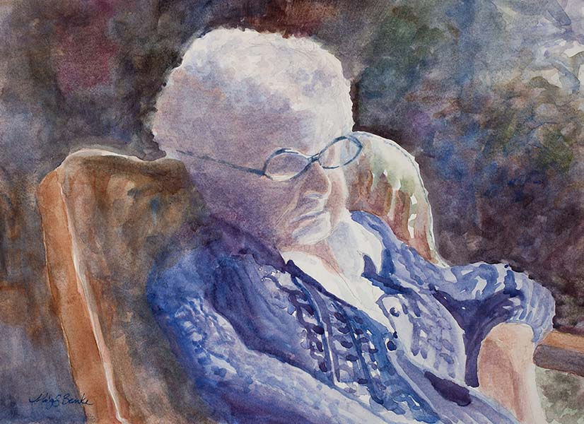 A watercolor portrait of my elderly grandmother, who was sleeping in the sun, although she always said she was just resting her eyes by Mary Benke