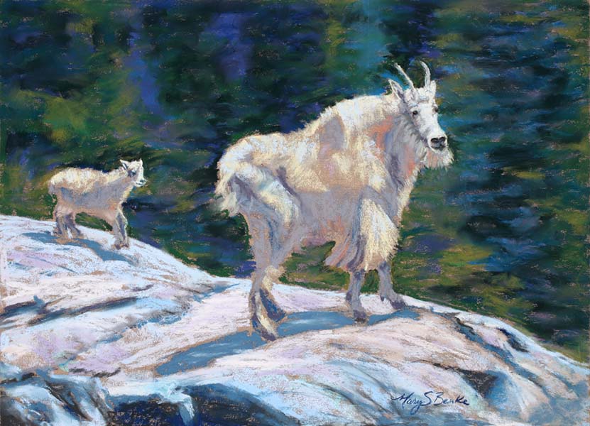 A mother mountain goat/Dall's sheep stands with her baby on a rock against an abstract teal and green background in a pastel animal painting by Mary Benke
