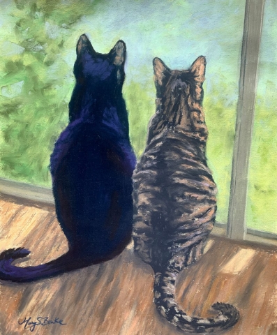 Two adorable cats assume their usual pose of looking out the window against a sun-soaked wooden floors in this pet portrait done in pastel by Mary Benke