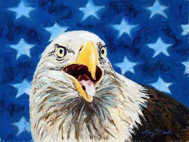 A pastel bird painting of a majestic bald eagle with an abstract U.S. flag with stars in the background by Mary Benke