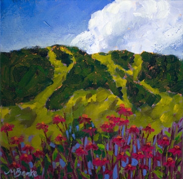 Inspired by a walk through the John Denver Sanctuary in Aspen, Colorado, this impressionistic oil landscape features a foreground of bright echinacea blooms against the famous Aspen ski area by Mary Benke
