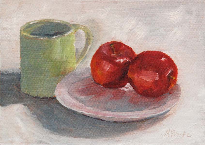 Still life oil painting of green coffee mug with apples on plate by Mary Benke